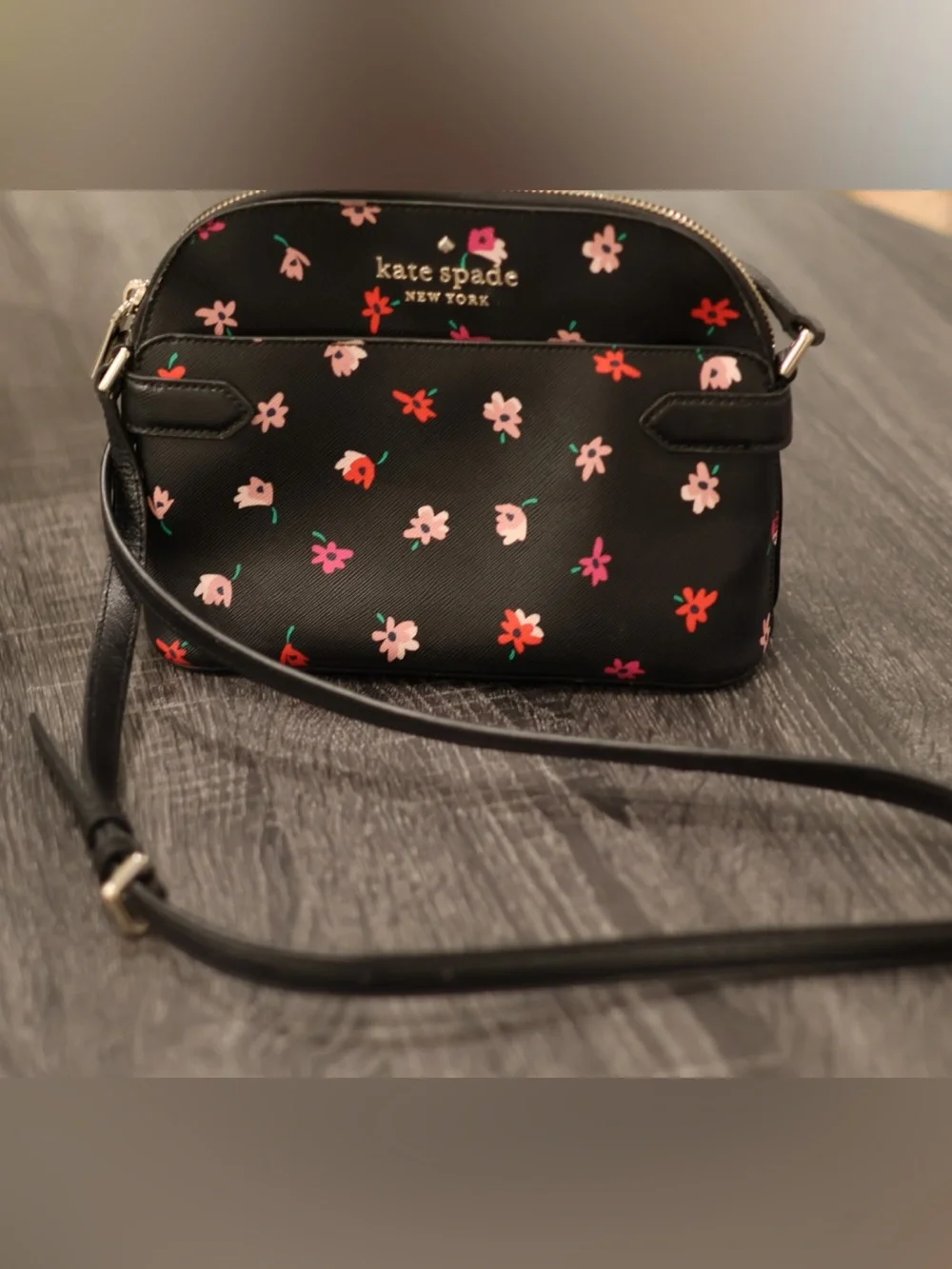 Kate Spade New York Floral Crossbody Bag Black Textured Adjustable Strap